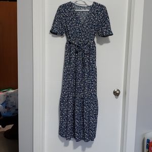 Blue and white floral peasant style dress with tie